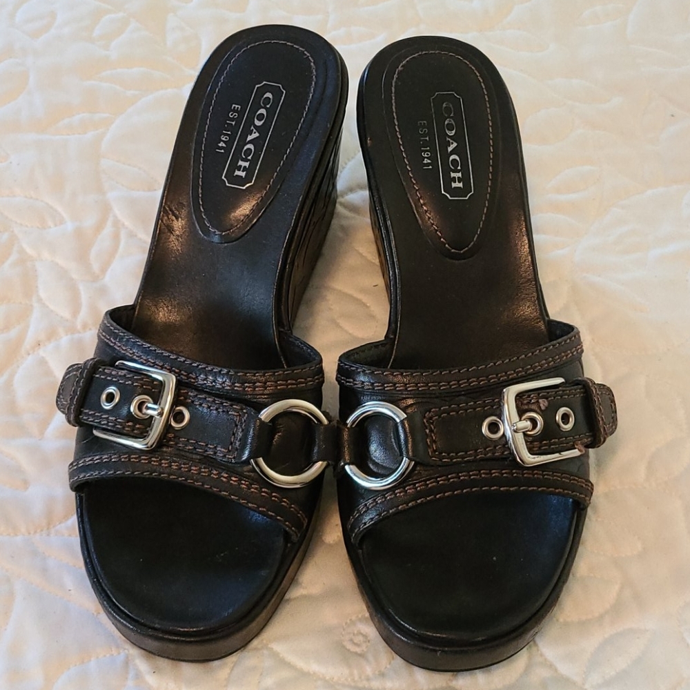 Coach leather wedge slip-on sandals